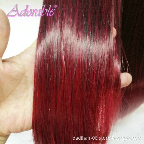 wholesale silk straight ombre two tone color hair weaving,double sewing heat resistant fiber red synthetic hair bundles T1bbug
